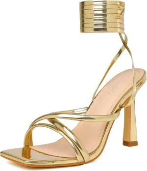 Mostrin Womens Sandals Strappy Heels for Women Lace Up Square Open Toe Heels Tie Up High Heeled Sandals for Prom, Party, Daily Wear