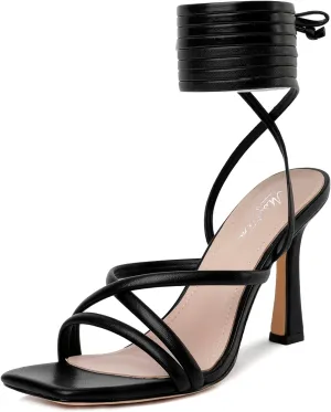Mostrin Womens Sandals Strappy Heels for Women Lace Up Square Open Toe Heels Tie Up High Heeled Sandals for Prom, Party, Daily Wear