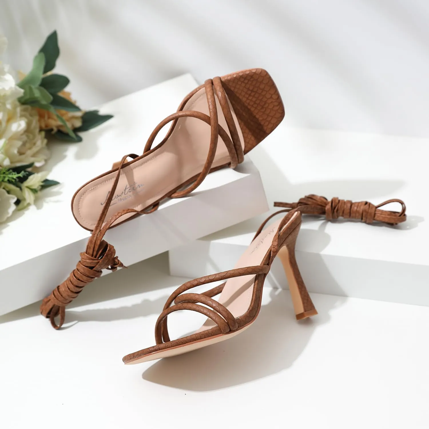 Mostrin Womens Sandals Strappy Heels for Women Lace Up Square Open Toe Heels Tie Up High Heeled Sandals for Prom, Party, Daily Wear