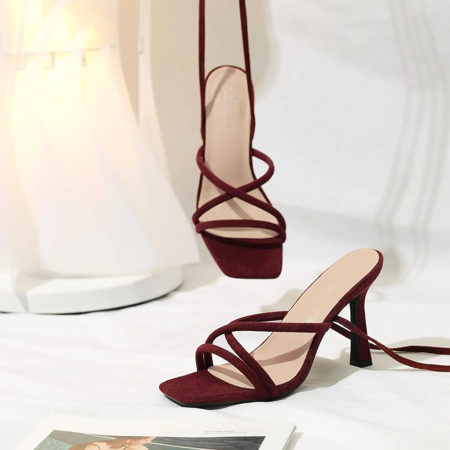 Mostrin Womens Sandals Strappy Heels for Women Lace Up Square Open Toe Heels Tie Up High Heeled Sandals for Prom, Party, Daily Wear