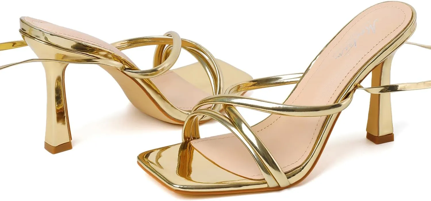 Mostrin Womens Sandals Strappy Heels for Women Lace Up Square Open Toe Heels Tie Up High Heeled Sandals for Prom, Party, Daily Wear