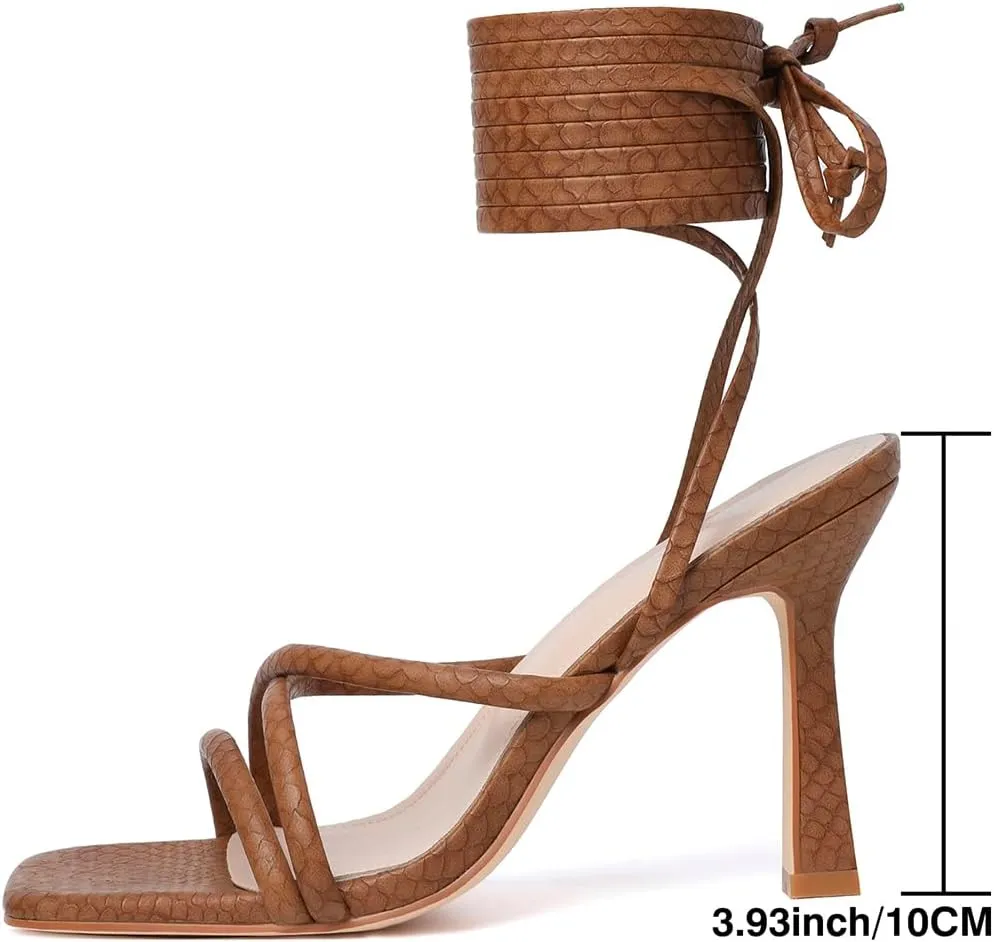 Mostrin Womens Sandals Strappy Heels for Women Lace Up Square Open Toe Heels Tie Up High Heeled Sandals for Prom, Party, Daily Wear