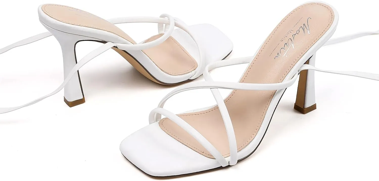 Mostrin Womens Sandals Strappy Heels for Women Lace Up Square Open Toe Heels Tie Up High Heeled Sandals for Prom, Party, Daily Wear
