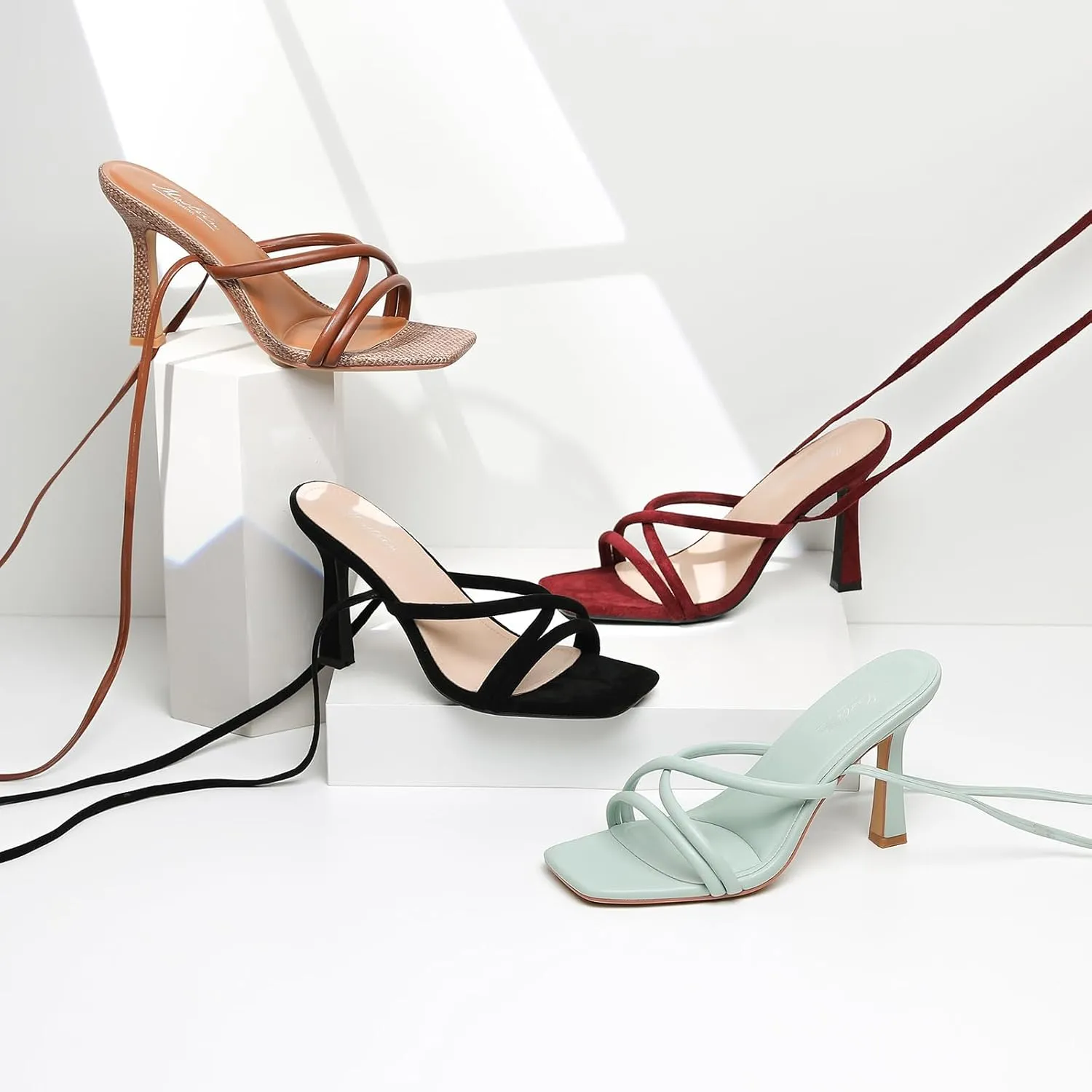 Mostrin Womens Sandals Strappy Heels for Women Lace Up Square Open Toe Heels Tie Up High Heeled Sandals for Prom, Party, Daily Wear
