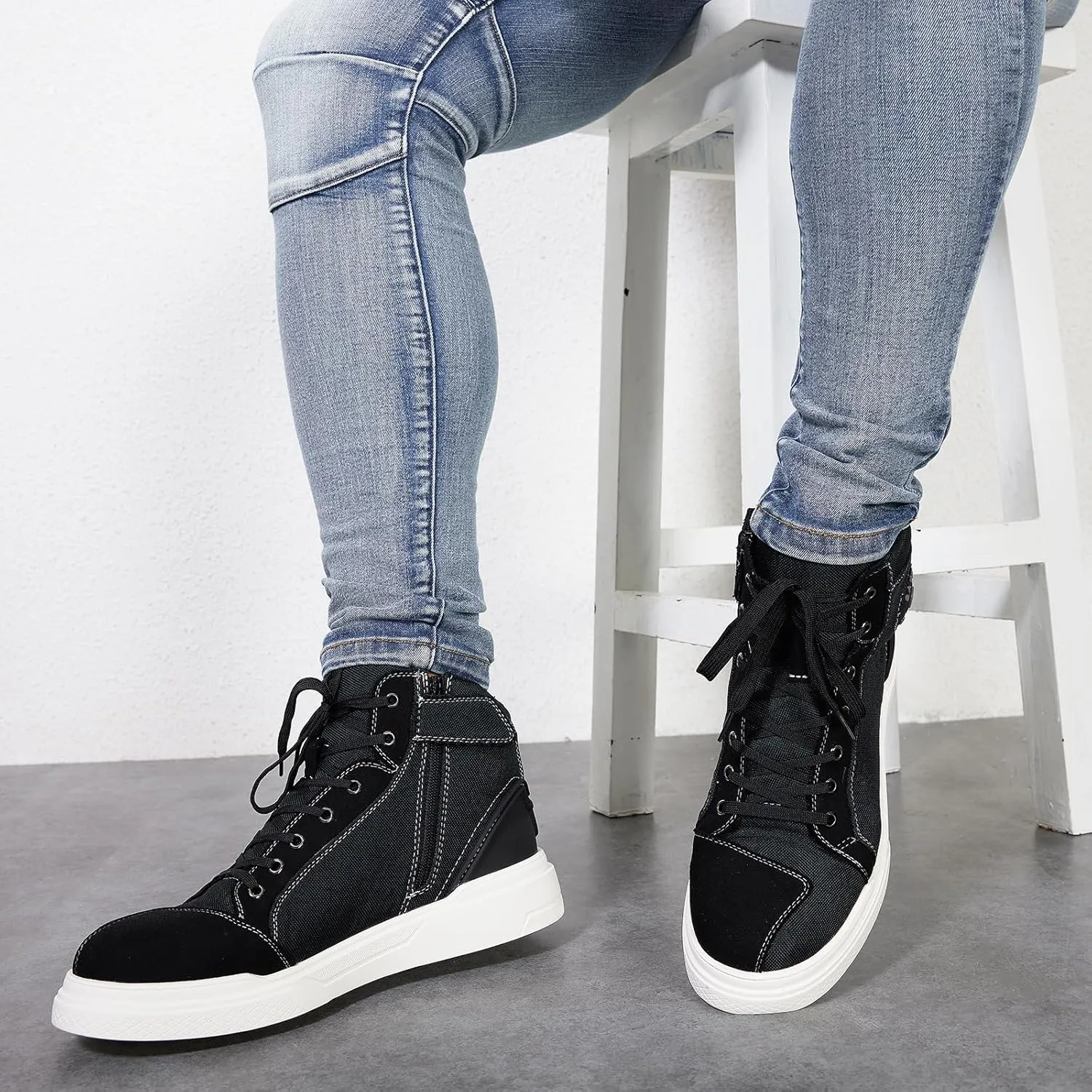 Motorcycle Shoes Men, Street Riding Sneakers, Rubber Sole with Strong Grip, Ankle Support, Extra Gear Shift Pad, Fast Release Side Zipper