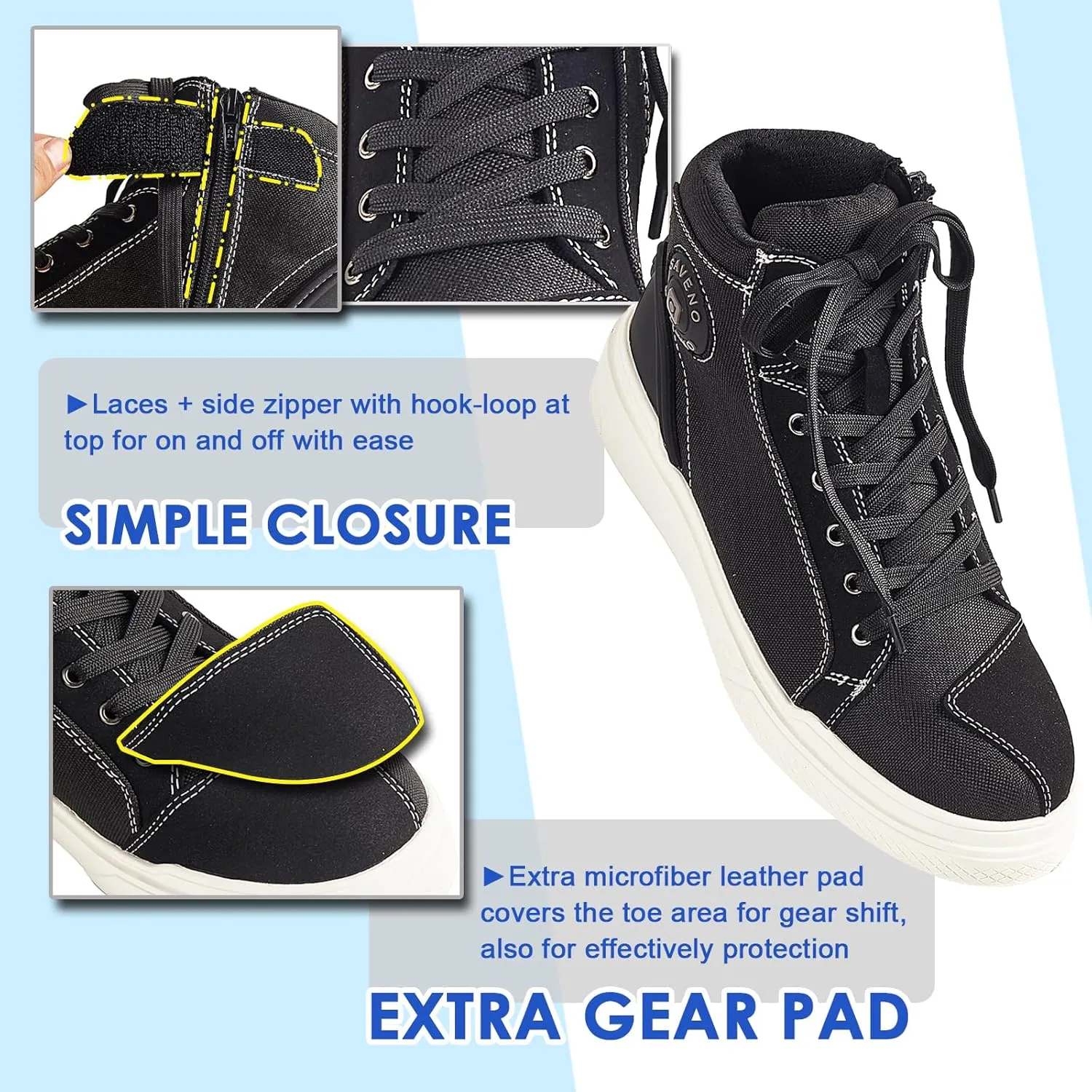 Motorcycle Shoes Men, Street Riding Sneakers, Rubber Sole with Strong Grip, Ankle Support, Extra Gear Shift Pad, Fast Release Side Zipper
