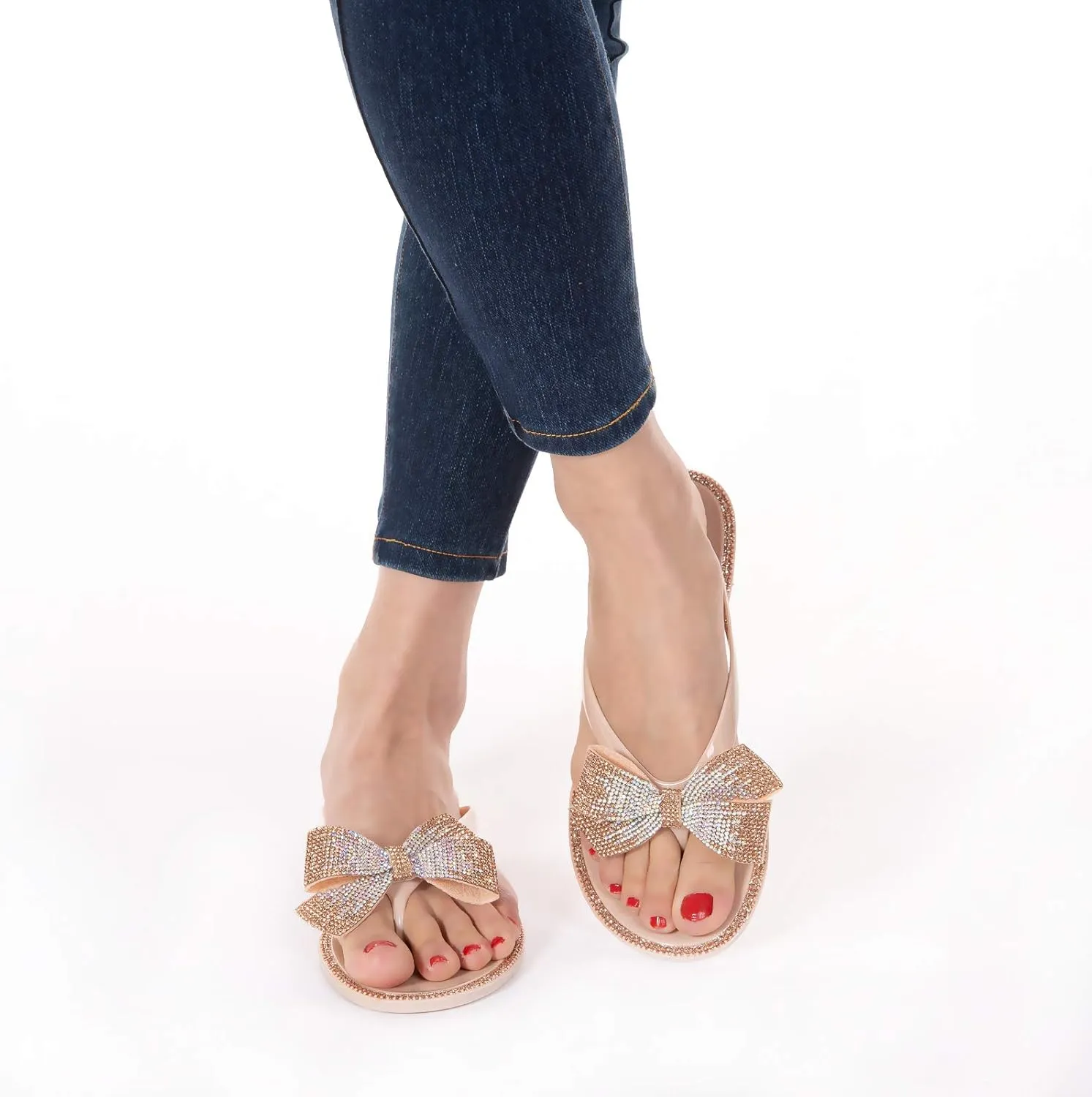 Mtzyoa Women Flip-Flops Flat Sandals Jelly Bow Beach Flat Rivets Rain Cute Dressy Summer Sandals