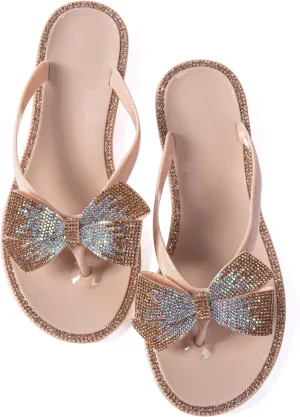 Mtzyoa Women Flip-Flops Flat Sandals Jelly Bow Beach Flat Rivets Rain Cute Dressy Summer Sandals