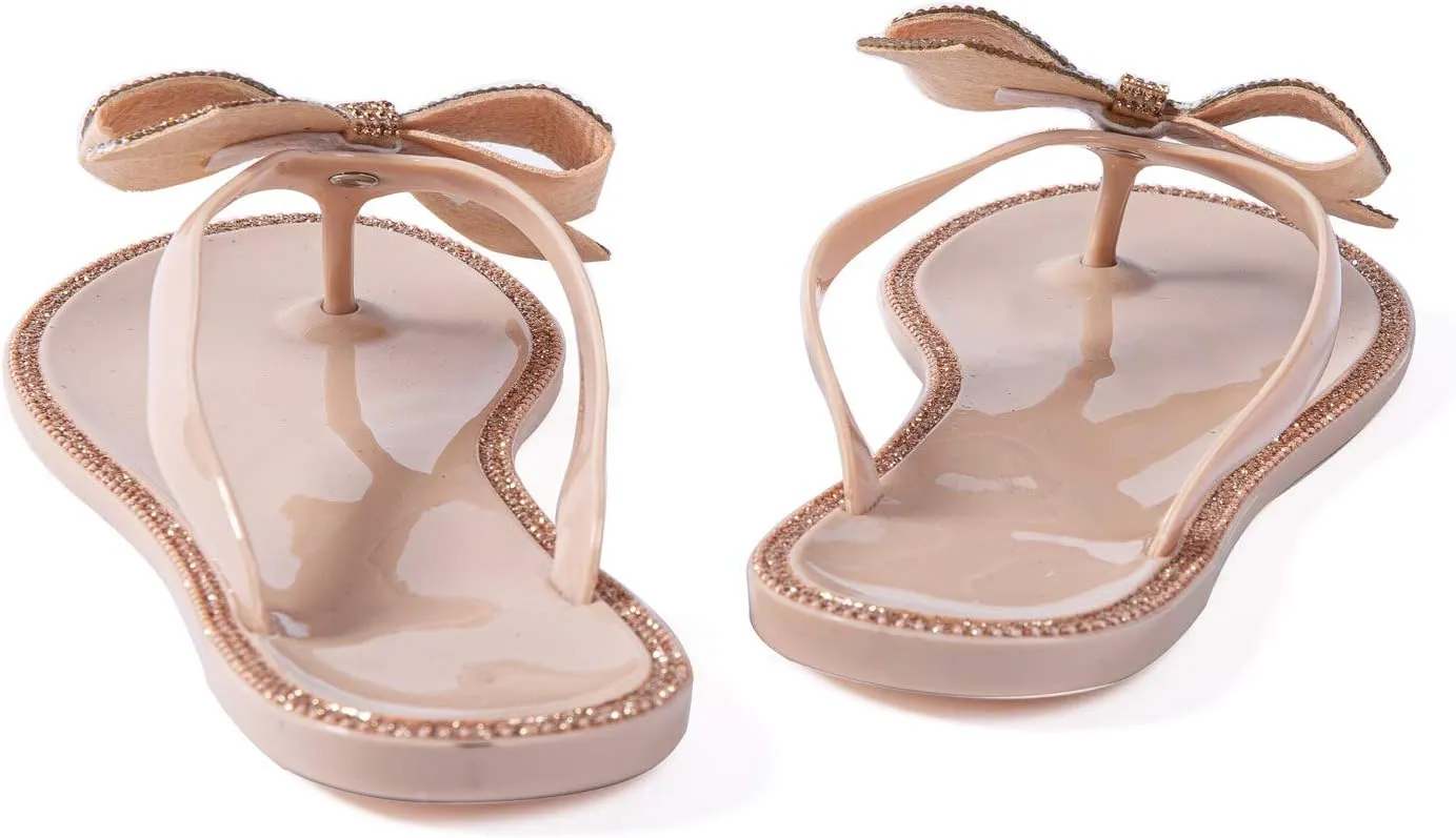 Mtzyoa Women Flip-Flops Flat Sandals Jelly Bow Beach Flat Rivets Rain Cute Dressy Summer Sandals