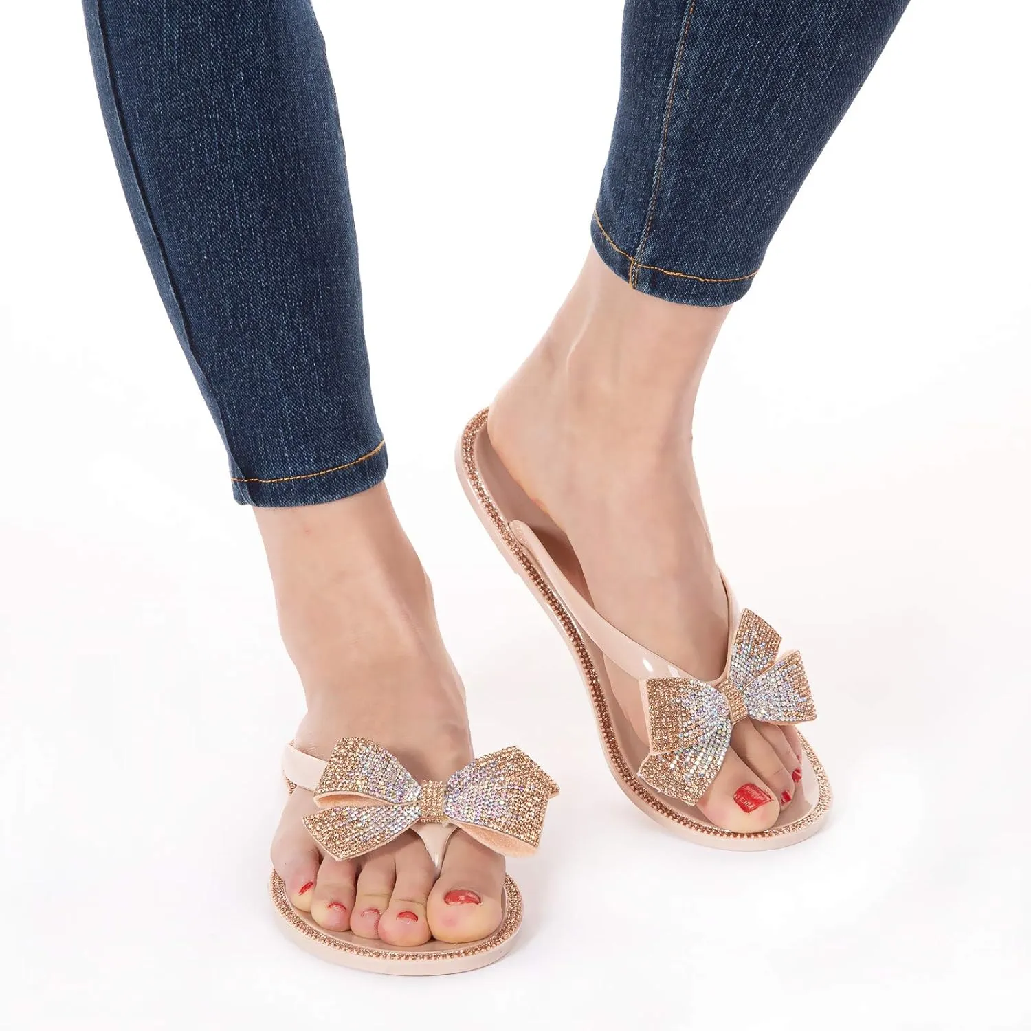 Mtzyoa Women Flip-Flops Flat Sandals Jelly Bow Beach Flat Rivets Rain Cute Dressy Summer Sandals