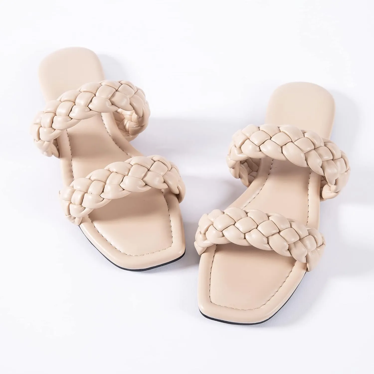 Mtzyoa Women's Sandals Casual Braided Dressy Summer Square Toe Quilted Flat Sandals