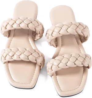 Mtzyoa Women's Sandals Casual Braided Dressy Summer Square Toe Quilted Flat Sandals