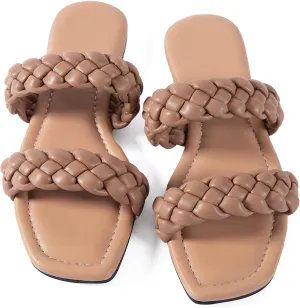 Mtzyoa Women's Sandals Casual Braided Dressy Summer Square Toe Quilted Flat Sandals