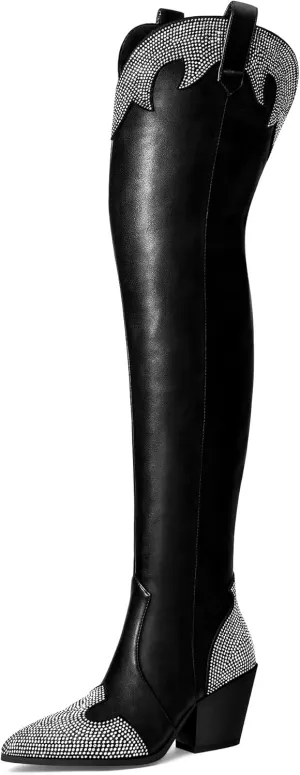MUCCCUTE Cowboy Boots for Women Black Thigh High Boots - Fashion Cowgirl Over The Knee Boots with Rhinestone - Pointed Toe Chunky Heels Side Zipper Fall Tall Boots for Ladies