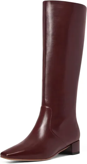 MUCCCUTE Knee High Boots - Boots for Women Square Toe Chunky Heels Tall Boots Pull-On PU Low Block Heel Long Boot