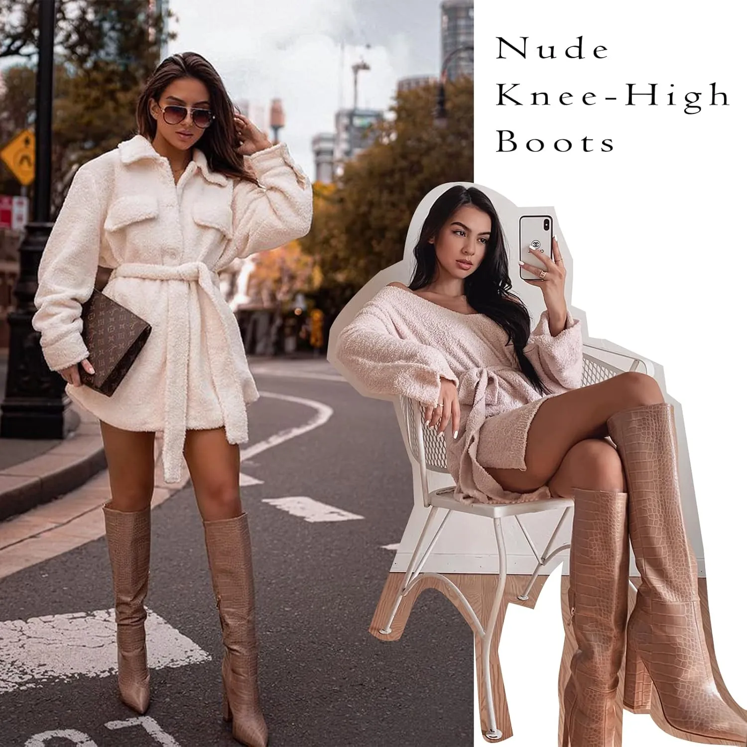 MUCCCUTE Knee High Boots Women - Black/Silver/Green/Nude Chunky High Heel Pointed Toe Fashion Faux Crocodile GoGo Boots, Block Heeled Boots with Side Zipper Pull-On