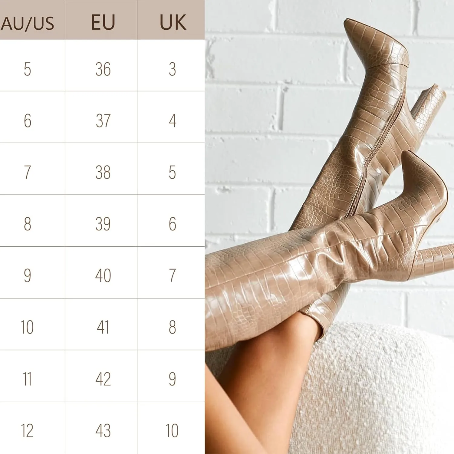 MUCCCUTE Knee High Boots Women - Black/Silver/Green/Nude Chunky High Heel Pointed Toe Fashion Faux Crocodile GoGo Boots, Block Heeled Boots with Side Zipper Pull-On