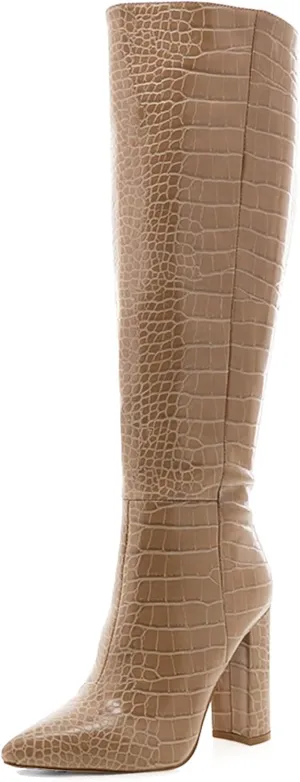 MUCCCUTE Knee High Boots Women - Black/Silver/Green/Nude Chunky High Heel Pointed Toe Fashion Faux Crocodile GoGo Boots, Block Heeled Boots with Side Zipper Pull-On