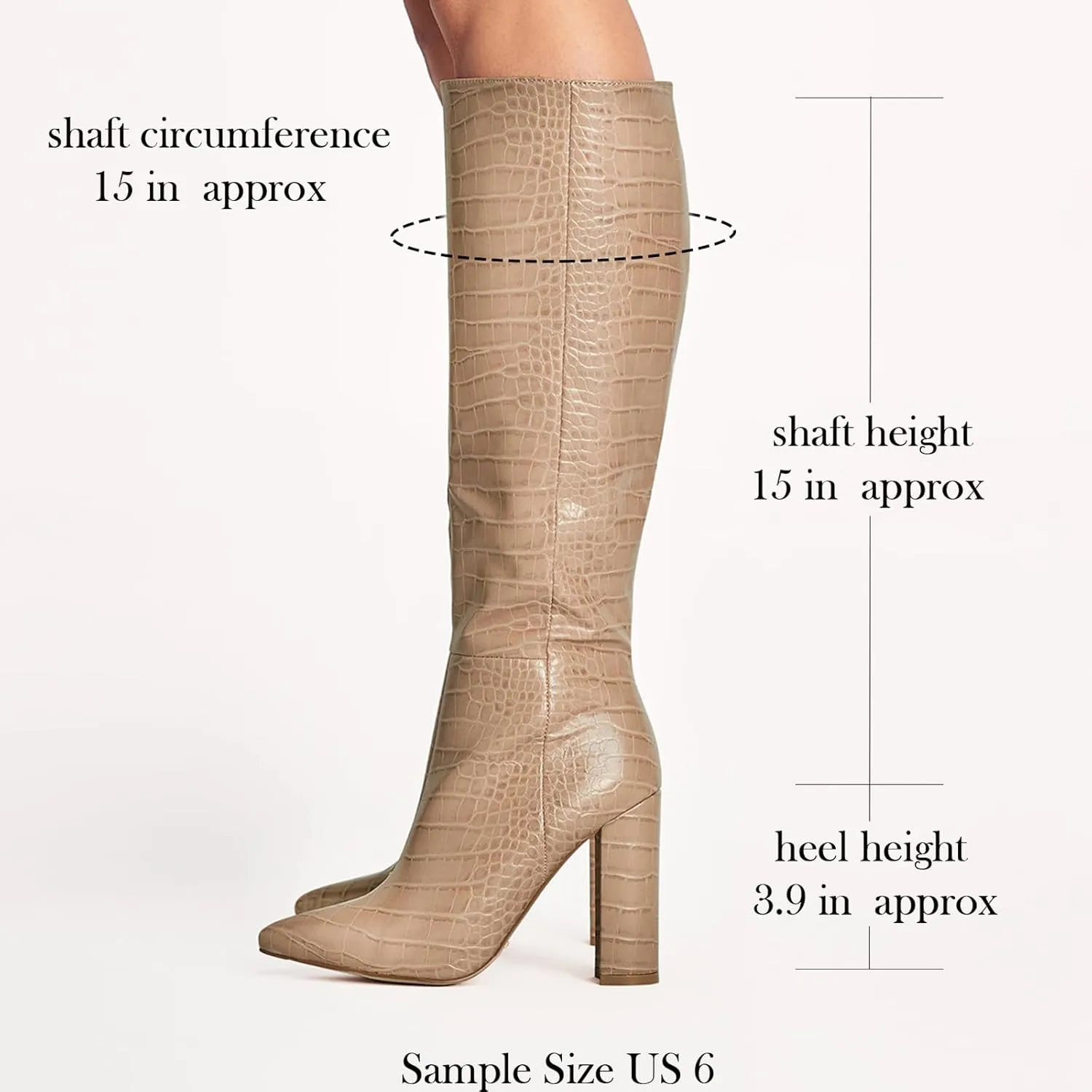 MUCCCUTE Knee High Boots Women - Black/Silver/Green/Nude Chunky High Heel Pointed Toe Fashion Faux Crocodile GoGo Boots, Block Heeled Boots with Side Zipper Pull-On