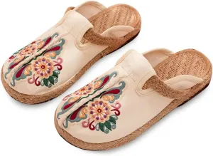 Mule Flat Espadrilles Shoes Women Slip On Slippers Summer Ethnic Style Embroidery ls Outdoor Walking Garden Clogs House Loafer for Ladies