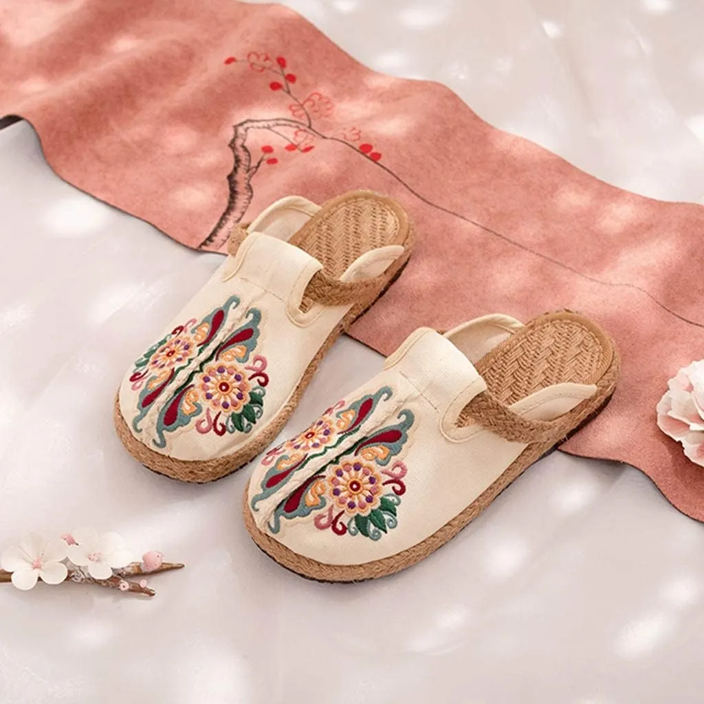Mule Flat Espadrilles Shoes Women Slip On Slippers Summer Ethnic Style Embroidery ls Outdoor Walking Garden Clogs House Loafer for Ladies
