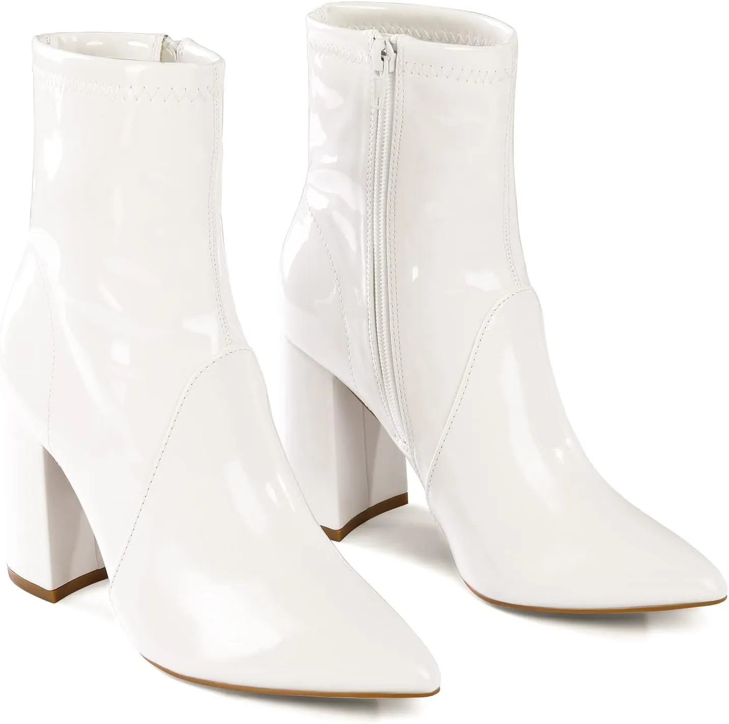 mysoft Women's GoGo Boots Mid Calf Block Heel Ankle Boots Pointed Toe Patent Leather Side Zipper Booties
