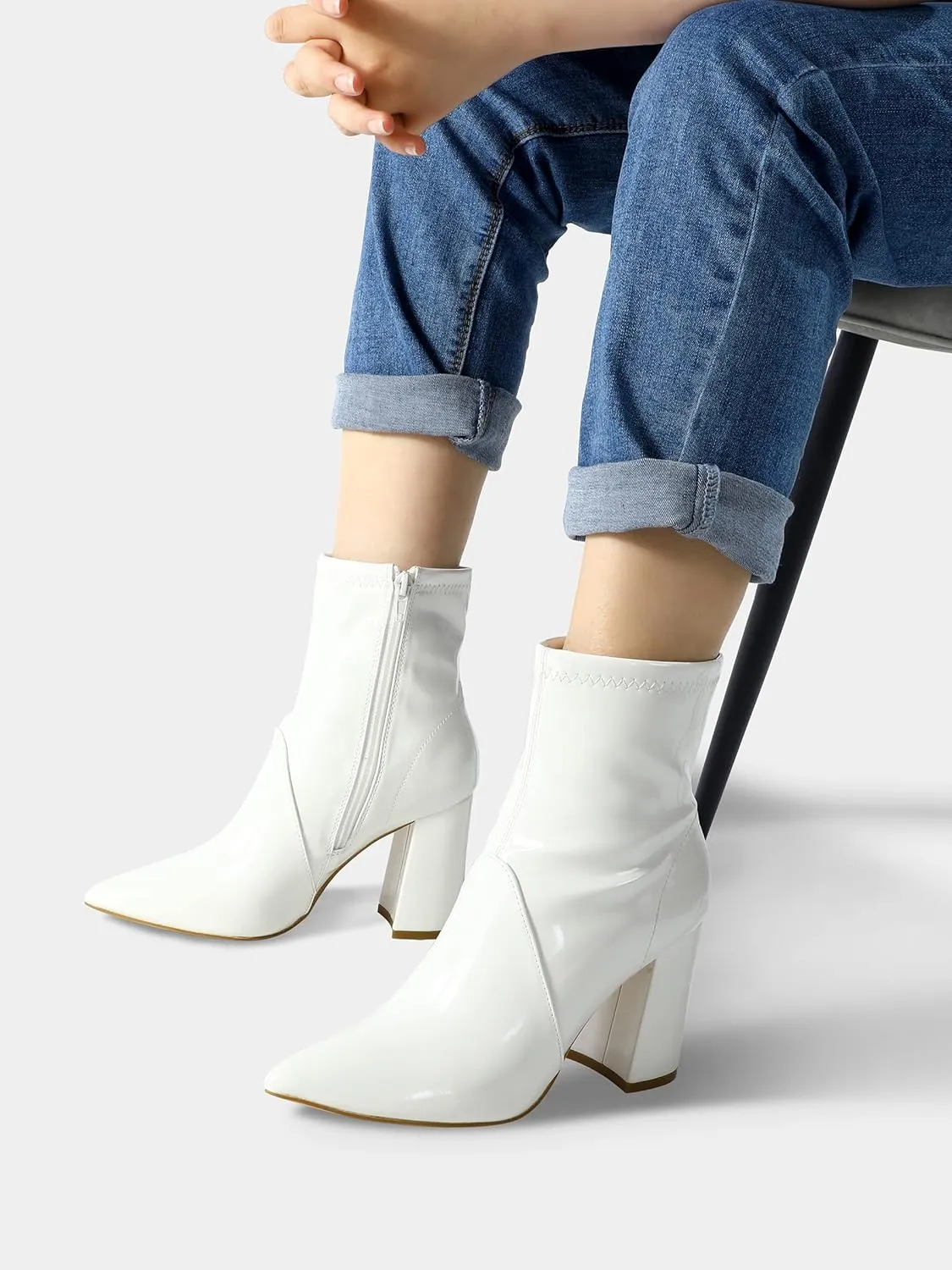 mysoft Women's GoGo Boots Mid Calf Block Heel Ankle Boots Pointed Toe Patent Leather Side Zipper Booties
