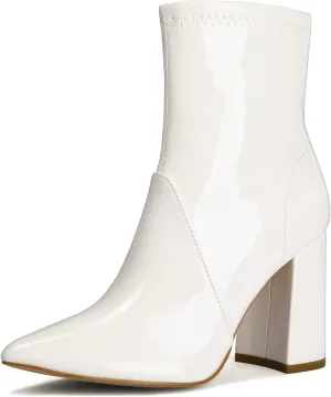 mysoft Women's GoGo Boots Mid Calf Block Heel Ankle Boots Pointed Toe Patent Leather Side Zipper Booties