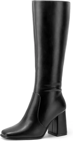 mysoft Women's Knee High Boots Block Chunky Heel Square Toe Tall Boots Side Zipper Long Dress Boots