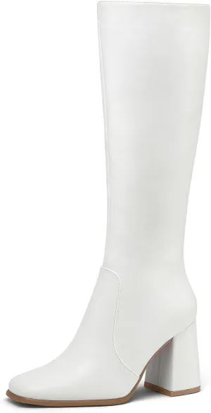 mysoft Women's Knee High Boots Block Chunky Heel Square Toe Tall Boots Side Zipper Long Dress Boots