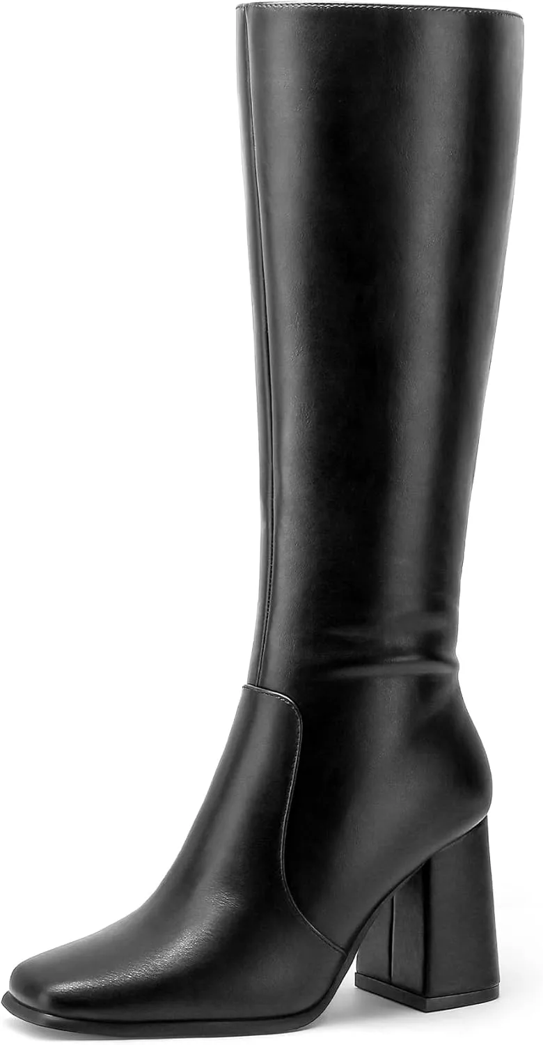 mysoft Women's Knee High Boots Block Chunky Heel Square Toe Tall Boots Side Zipper Long Dress Boots