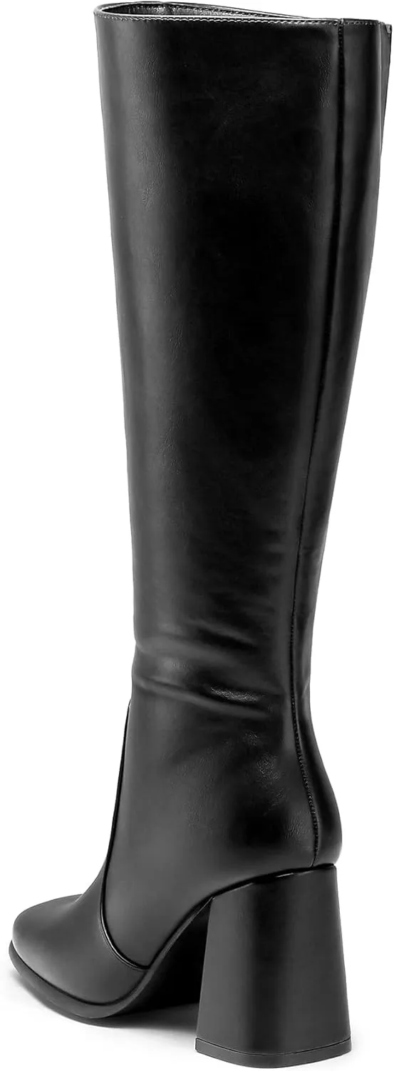 mysoft Women's Knee High Boots Block Chunky Heel Square Toe Tall Boots Side Zipper Long Dress Boots