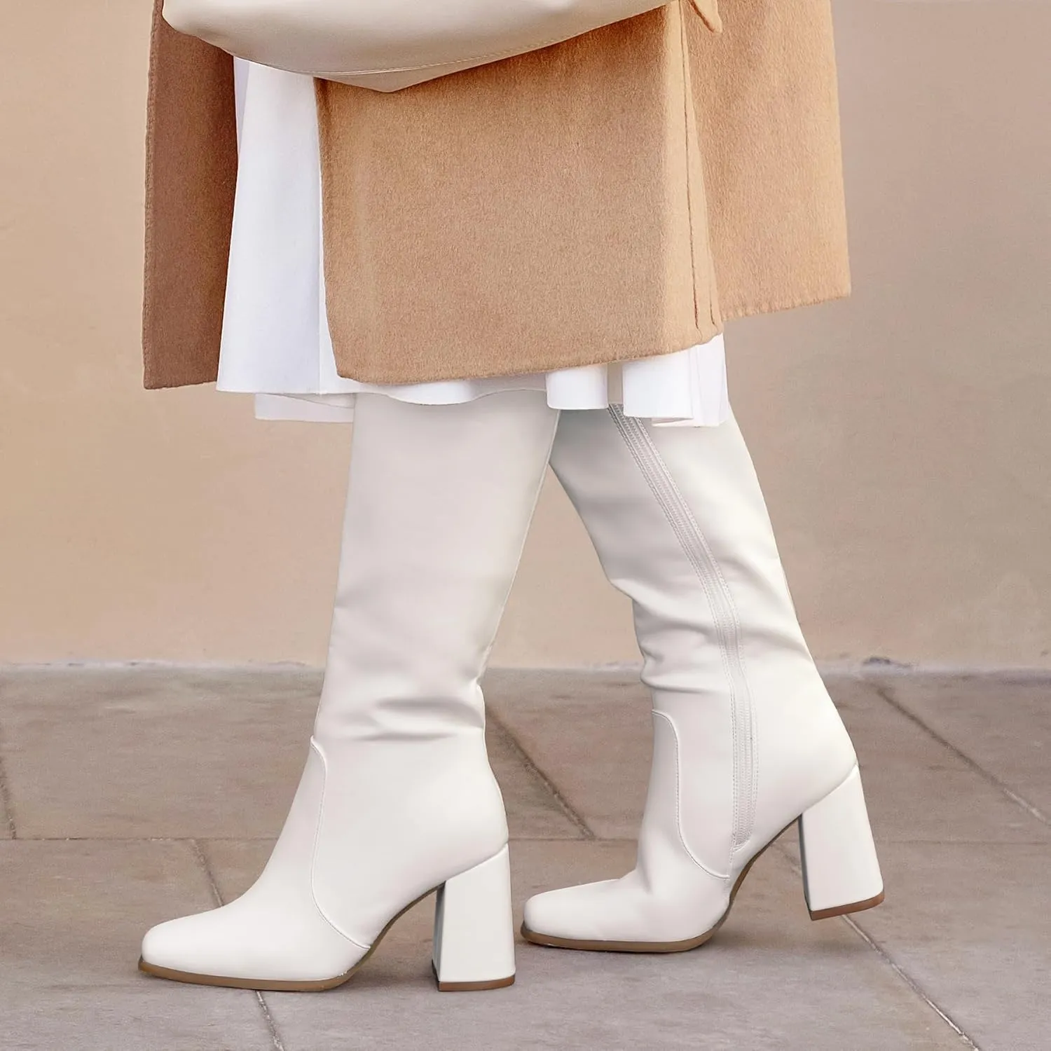 mysoft Women's Knee High Boots Block Chunky Heel Square Toe Tall Boots Side Zipper Long Dress Boots