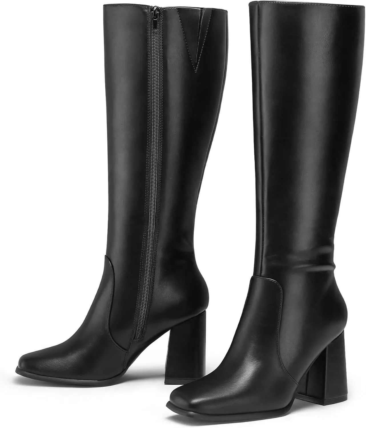 mysoft Women's Knee High Boots Block Chunky Heel Square Toe Tall Boots Side Zipper Long Dress Boots