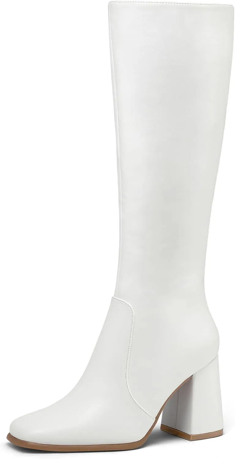 mysoft Women's Knee High Boots Block Chunky Heel Square Toe Tall Boots Side Zipper Long Dress Boots