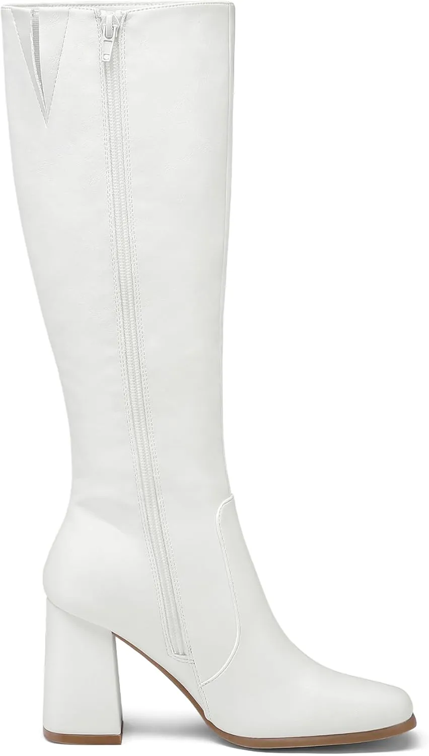 mysoft Women's Knee High Boots Block Chunky Heel Square Toe Tall Boots Side Zipper Long Dress Boots