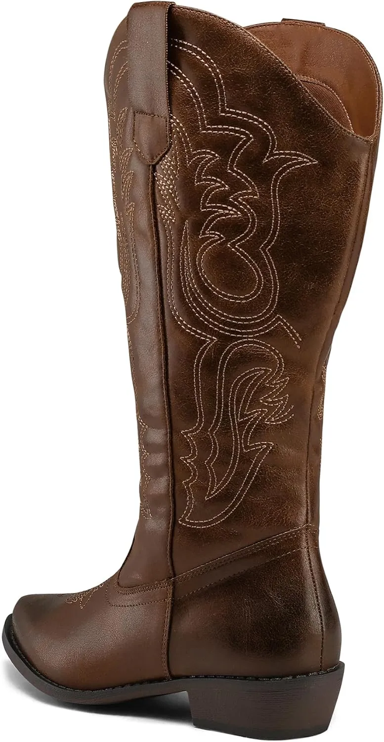 mysoft Women's Wide Calf Cowboy Boots Pull on Cowgirl Embroidered Mid Calf Pointed Toe Chunky Heel Western Boots