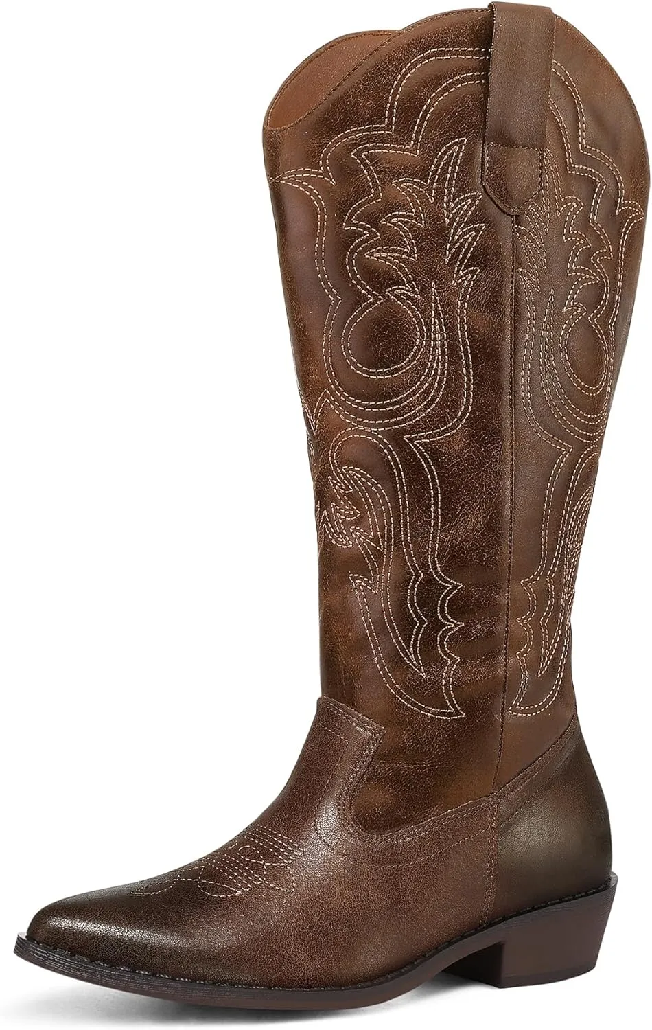 mysoft Women's Wide Calf Cowboy Boots Pull on Cowgirl Embroidered Mid Calf Pointed Toe Chunky Heel Western Boots