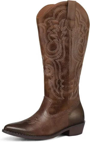 mysoft Women's Wide Calf Cowboy Boots Pull on Cowgirl Embroidered Mid Calf Pointed Toe Chunky Heel Western Boots