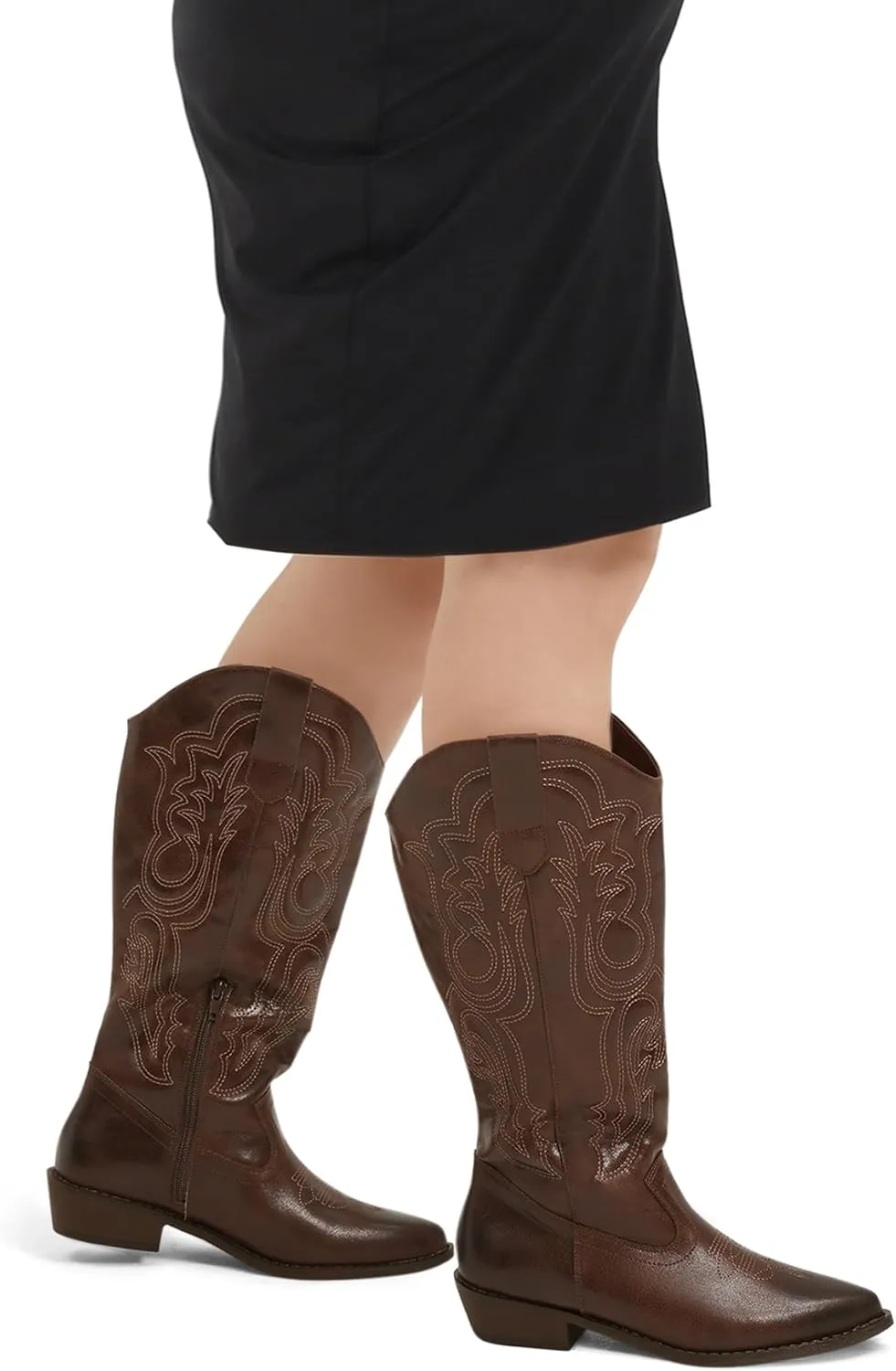 mysoft Women's Wide Calf Cowboy Boots Pull on Cowgirl Embroidered Mid Calf Pointed Toe Chunky Heel Western Boots