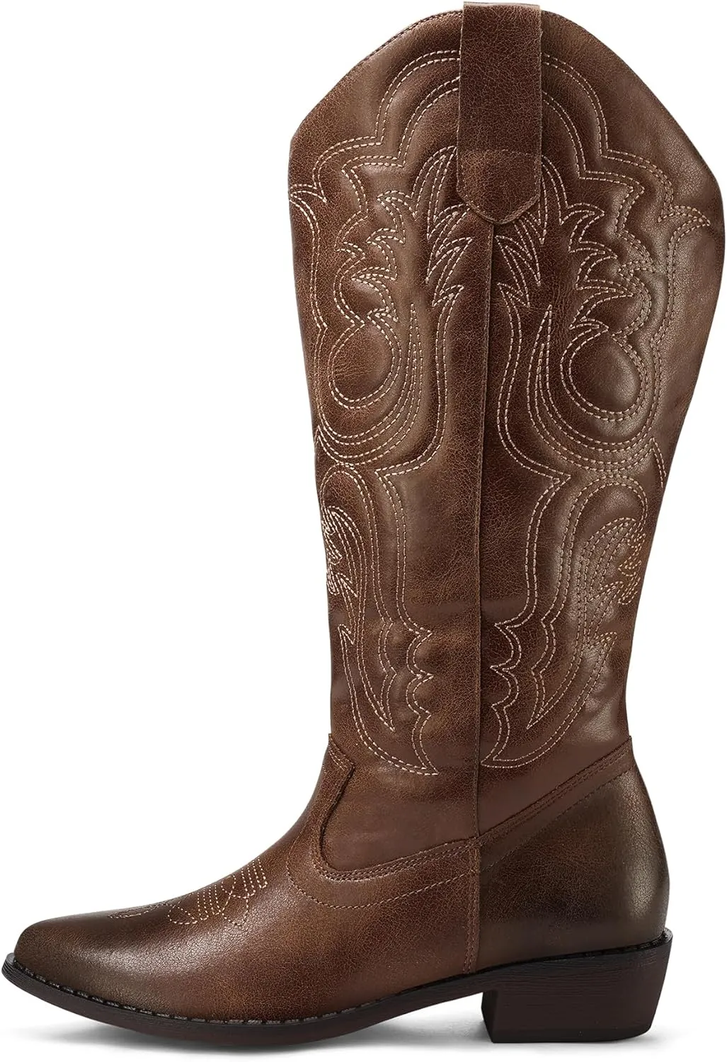 mysoft Women's Wide Calf Cowboy Boots Pull on Cowgirl Embroidered Mid Calf Pointed Toe Chunky Heel Western Boots