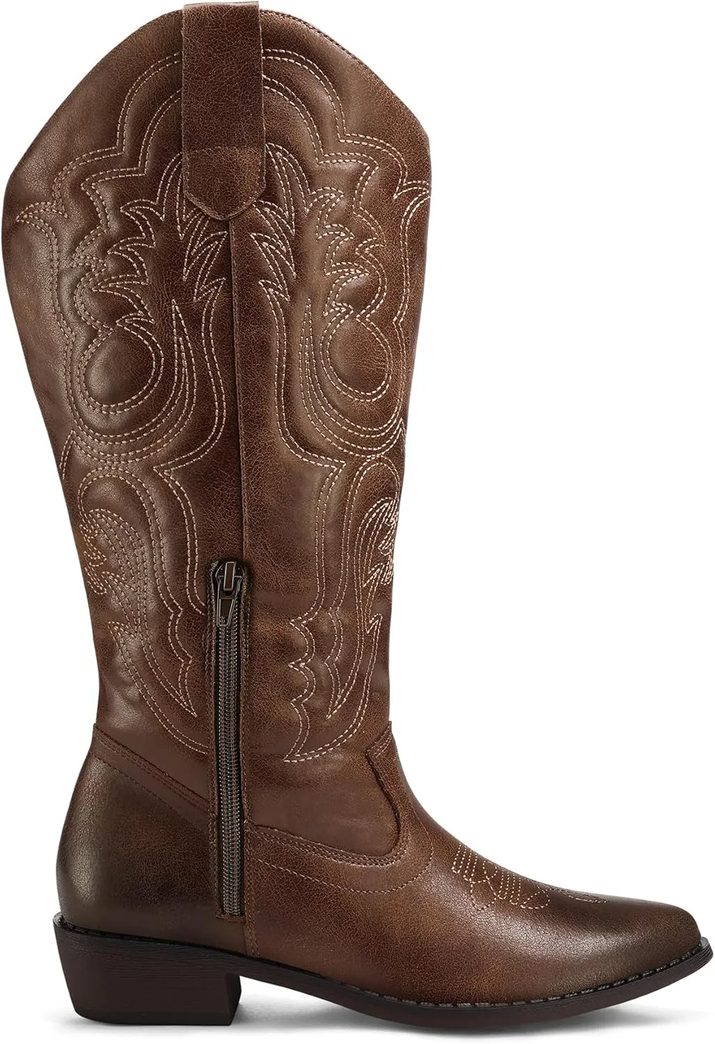 mysoft Women's Wide Calf Cowboy Boots Pull on Cowgirl Embroidered Mid Calf Pointed Toe Chunky Heel Western Boots