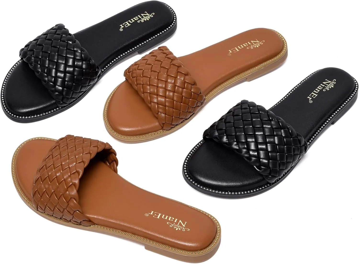NianEr Womens Microfiber Leather Comfort Foam Rhinestone Glitter Sparkly Dress Flip Flop Sandals Summer Cute Flat Slides