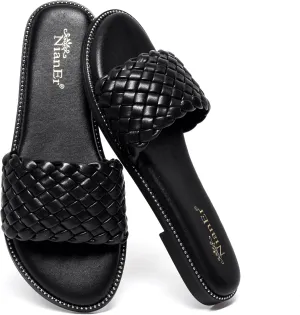 NianEr Womens Microfiber Leather Comfort Foam Rhinestone Glitter Sparkly Dress Flip Flop Sandals Summer Cute Flat Slides