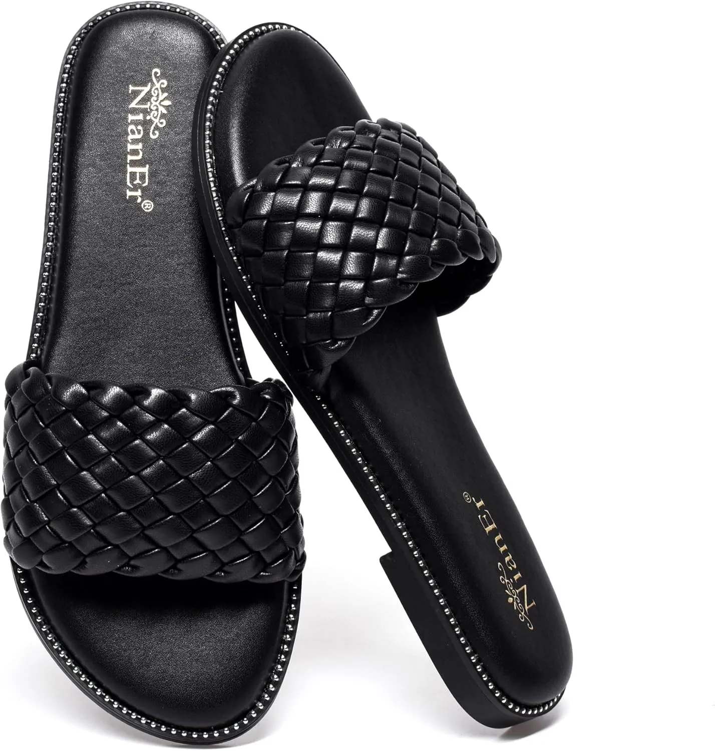 NianEr Womens Microfiber Leather Comfort Foam Rhinestone Glitter Sparkly Dress Flip Flop Sandals Summer Cute Flat Slides