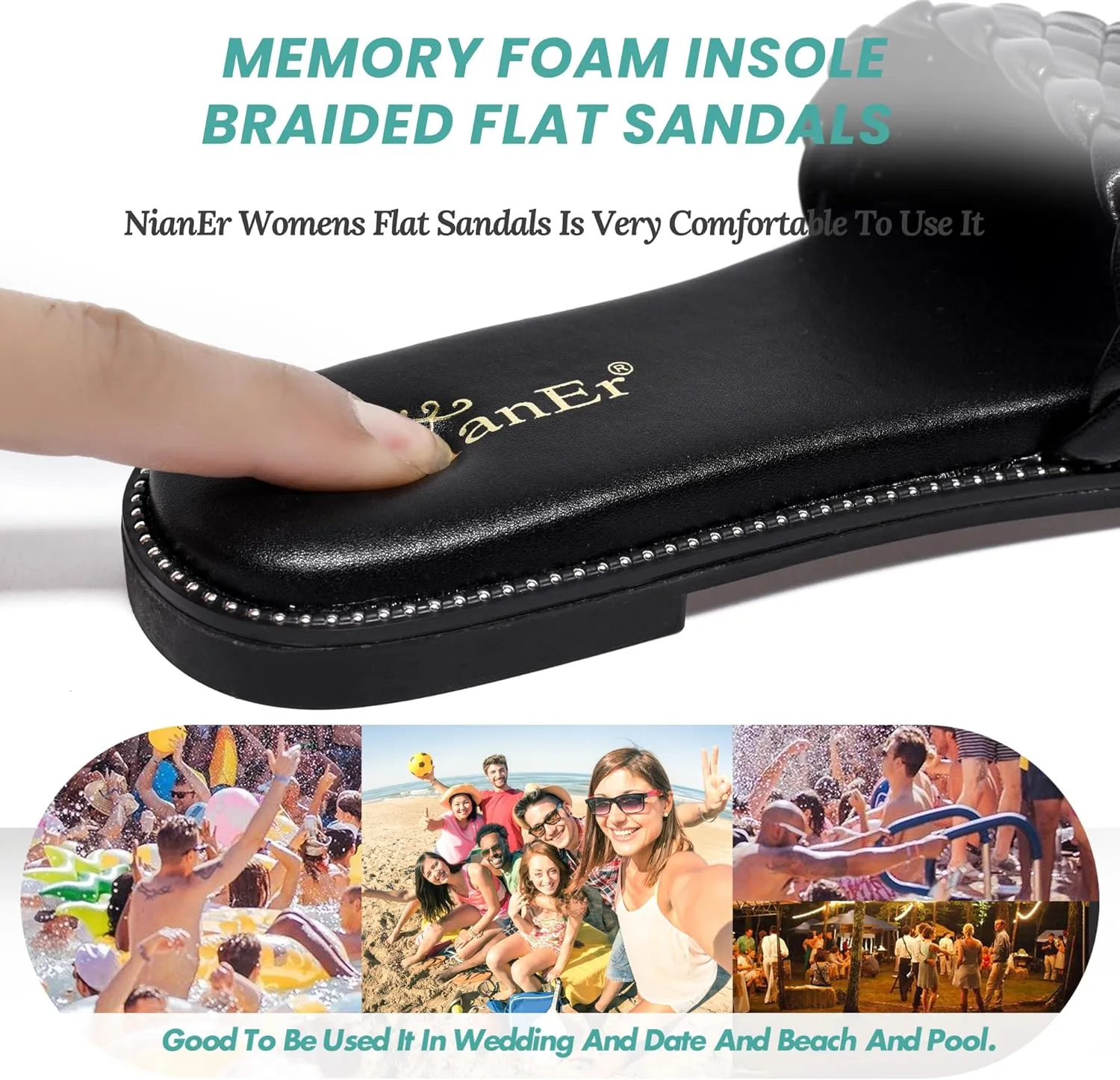 NianEr Womens Microfiber Leather Comfort Foam Rhinestone Glitter Sparkly Dress Flip Flop Sandals Summer Cute Flat Slides