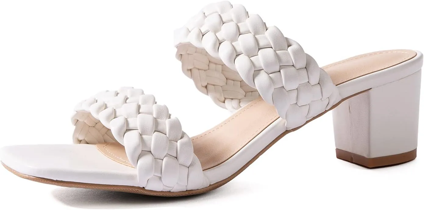N.N.G Women Heels Sandals Braided Block Nude Summer Chunky Square Leather Woven Comfort Strappy Dress Casual Pumps Mules