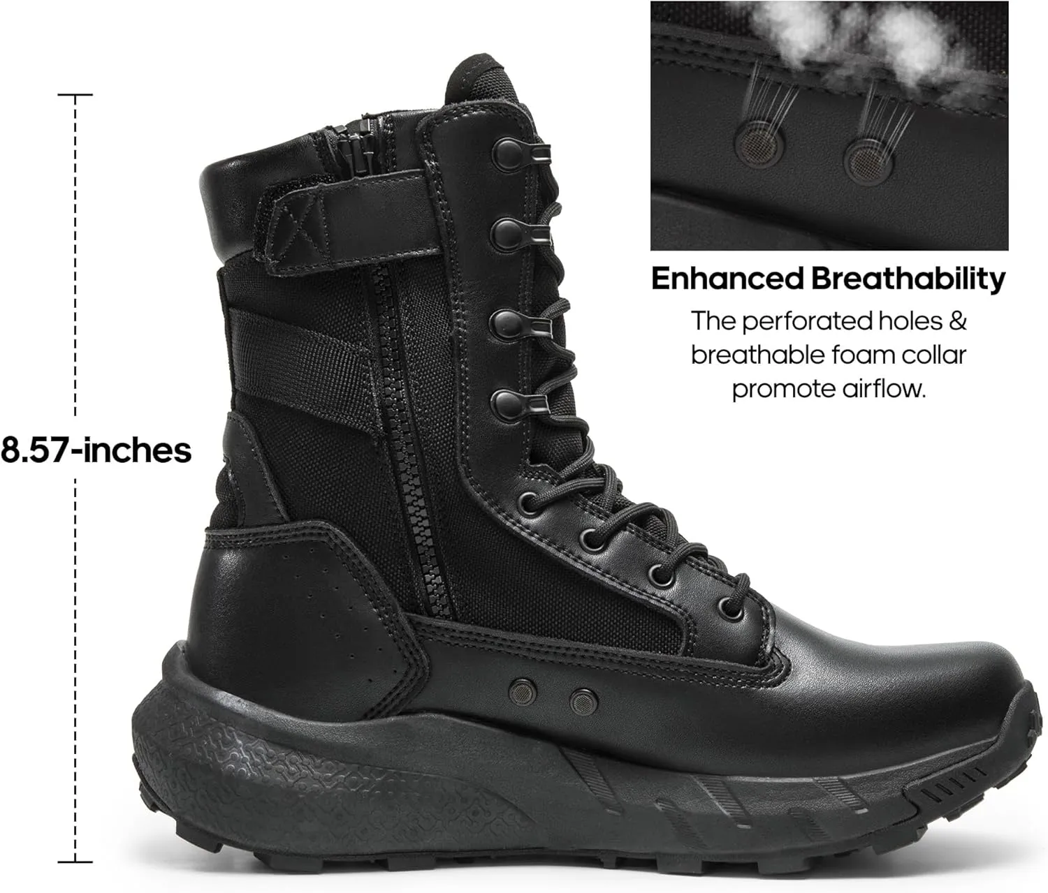 NORTIV 8 Men's Breathable Tactical Military Work Boots Side Zipper Leather Lightweight Hiking Motorcycle Combat Boots 8 Inches Recon