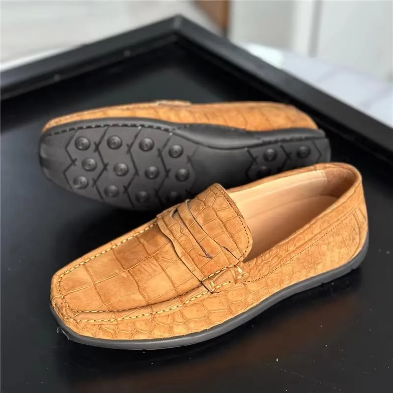 Nubuck Crocodile Leather Men's Camel Moccasins Gommino Alligator Leather Male Slip-on Soft Flats Shoes