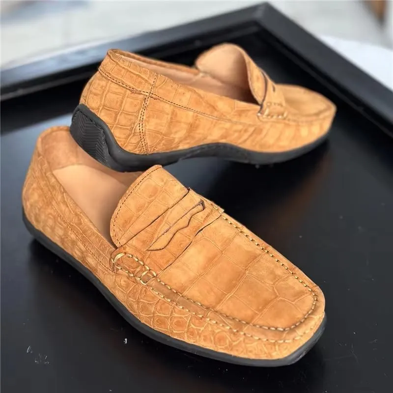 Nubuck Crocodile Leather Men's Camel Moccasins Gommino Alligator Leather Male Slip-on Soft Flats Shoes